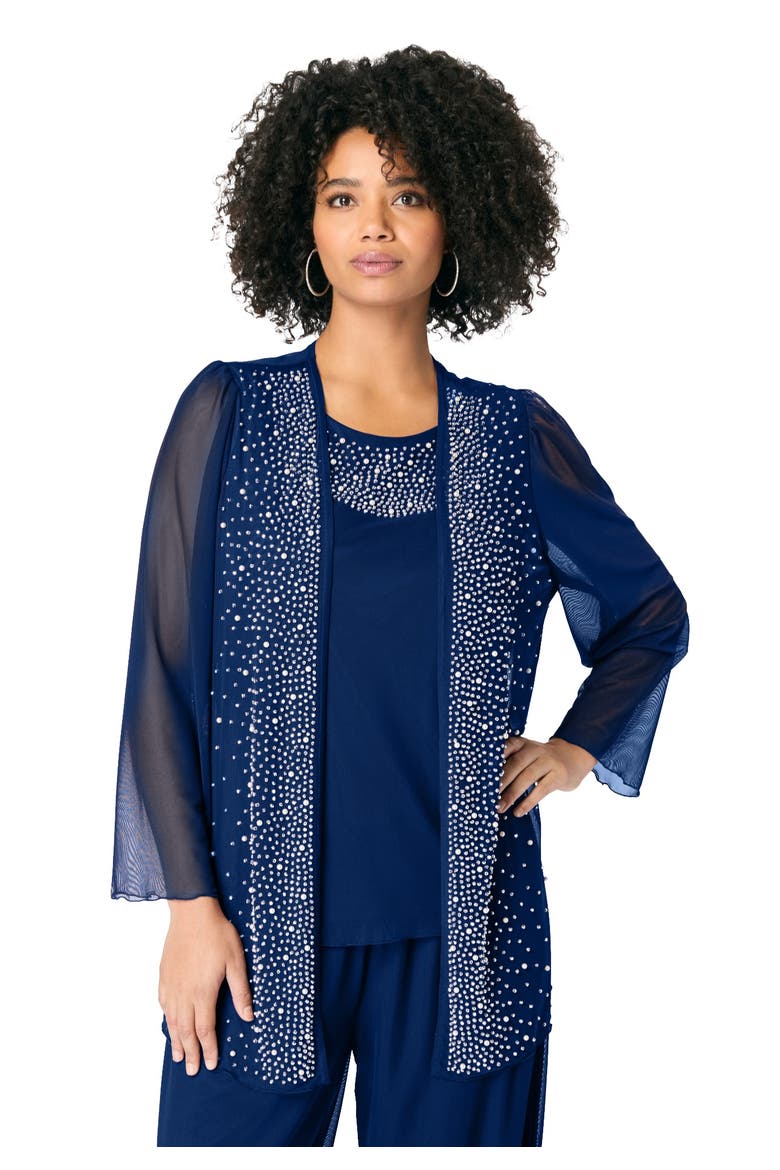 Mesh Overlay Cardigan And Tank Set, Main, color, EVENING BLUE