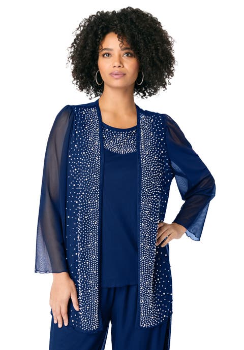 Mesh Overlay Cardigan And Tank Set