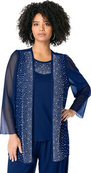 Roaman's Mesh Overlay Cardigan And Tank Set