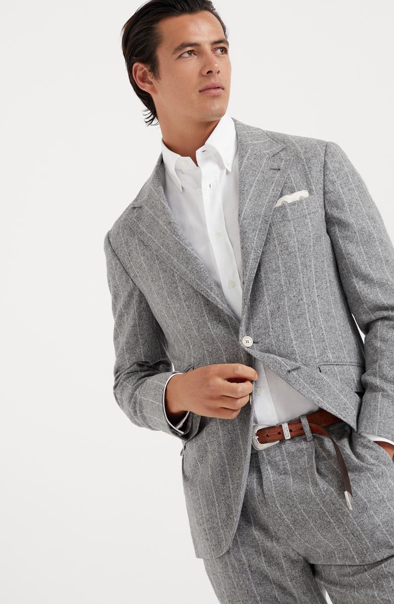 Brunello Cucinelli Flecked silk, wool and cashmere chalk stripe flannel deconstructed Cavallo blazer, Alternate, color, 
