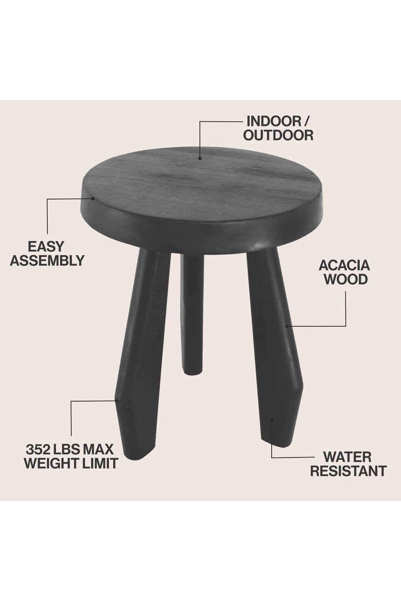 Terra Rustic Solid Acacia Wood Accent Stool, Small Indoor Outdoor Round Seat, Side Table and Plant Stand for Patio, Living Room, Alternate, color, Black