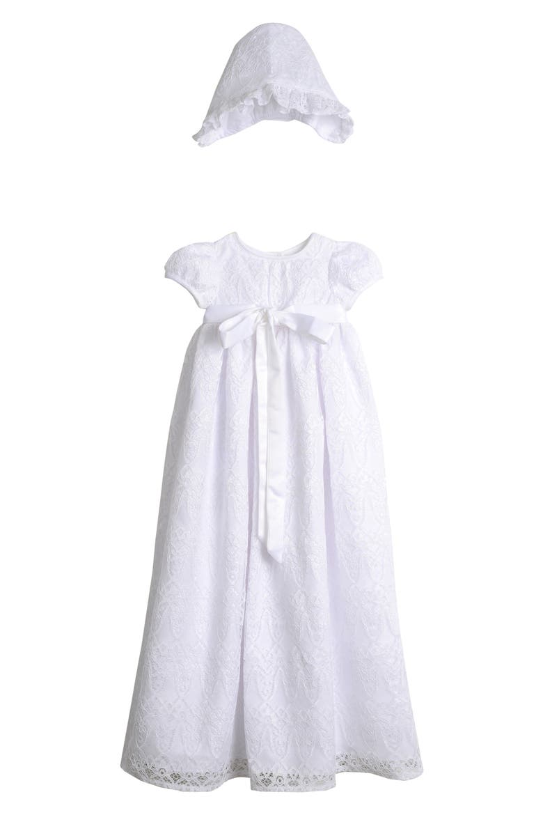 Point Lace Christening Gown & Bonnet Set, Main, color, WHITE