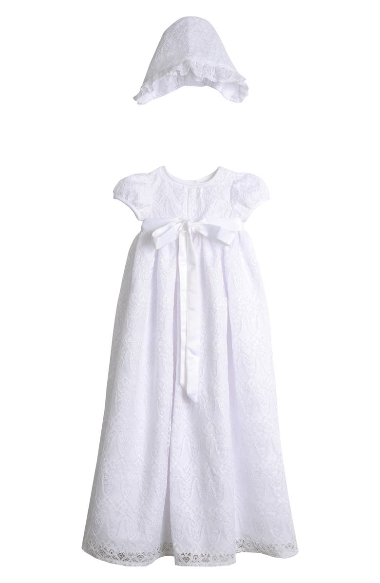 Pippa & Julie Point Lace Christening Gown & Bonnet Set, Main, color, 
