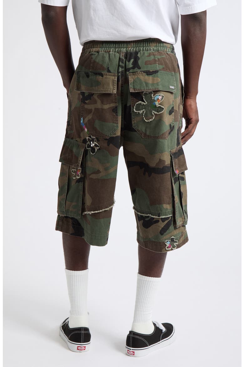Crystal Embellished Floral Patch Camouflage Print Cotton Twill Shorts, Alternate, color, CAMO TWILL