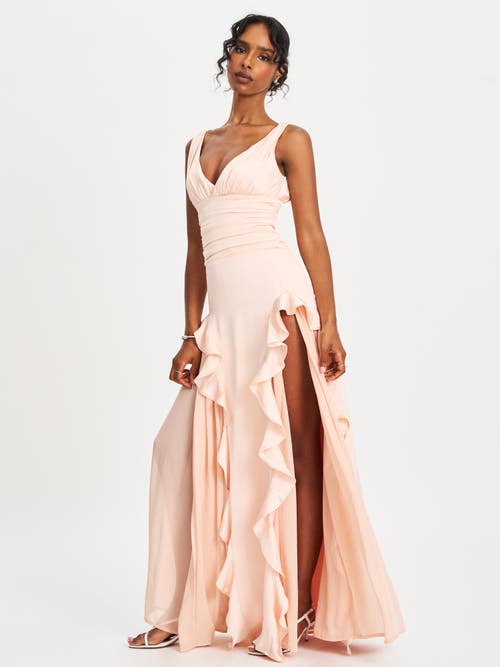 Miss Circle Talyssa Ruched Waist Double High Slit Maxi Gown In Pink