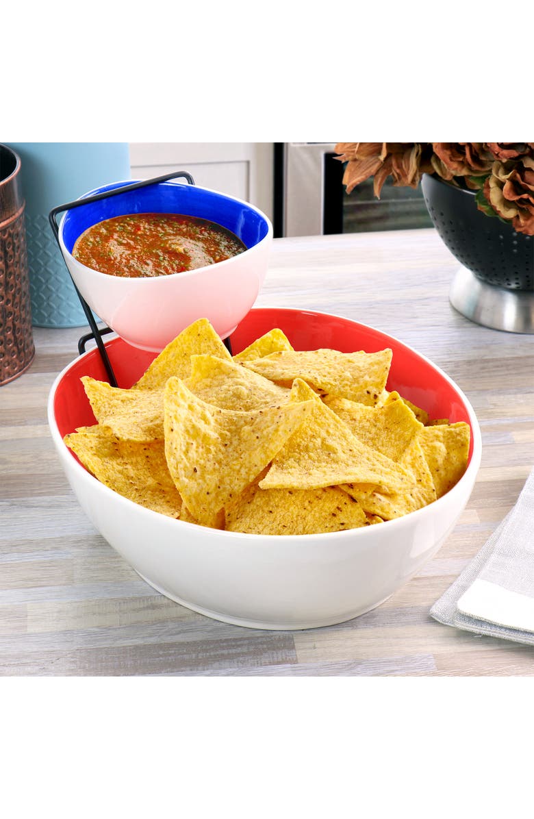 Gibson Home Crenshaw 3 Piece Hand Painted Stoneware Chip and Dip Set with Metal Rack, Alternate, color, Assorted