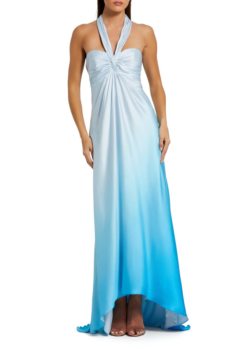 Charmeuse Tie Halter Neck Ombre Gown, Main, color, Blue Ombre