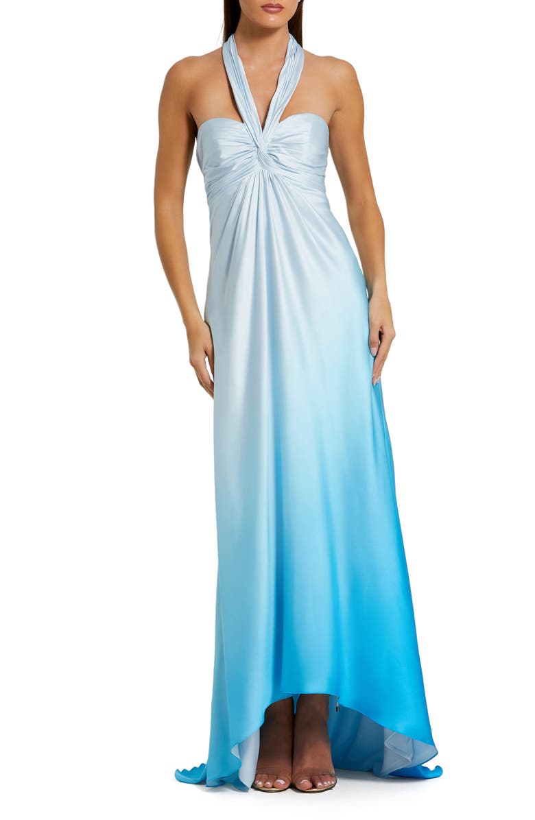 Mac Duggal Charmeuse Tie Halter Neck Ombre Gown, Main, color, Blue Ombre