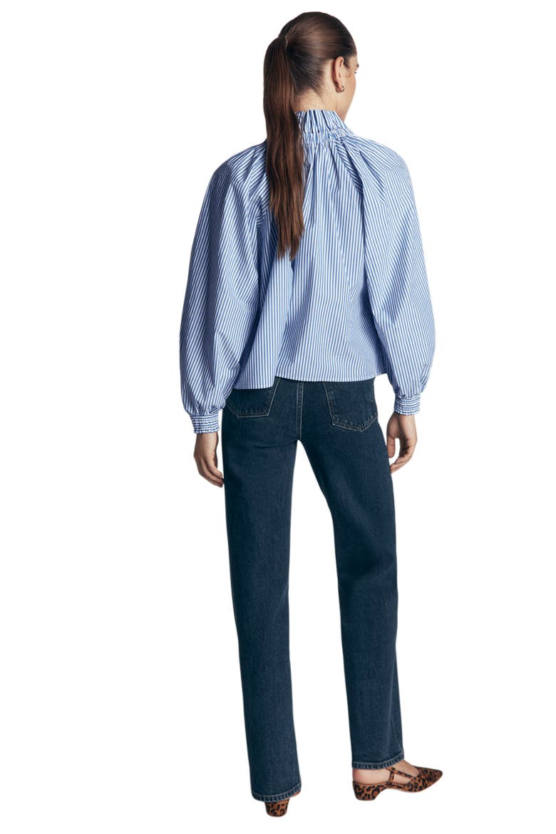 Bow Neck Ruffle Shirt, Alternate, color, BRIGHT BLUE, IVORY STRIPE