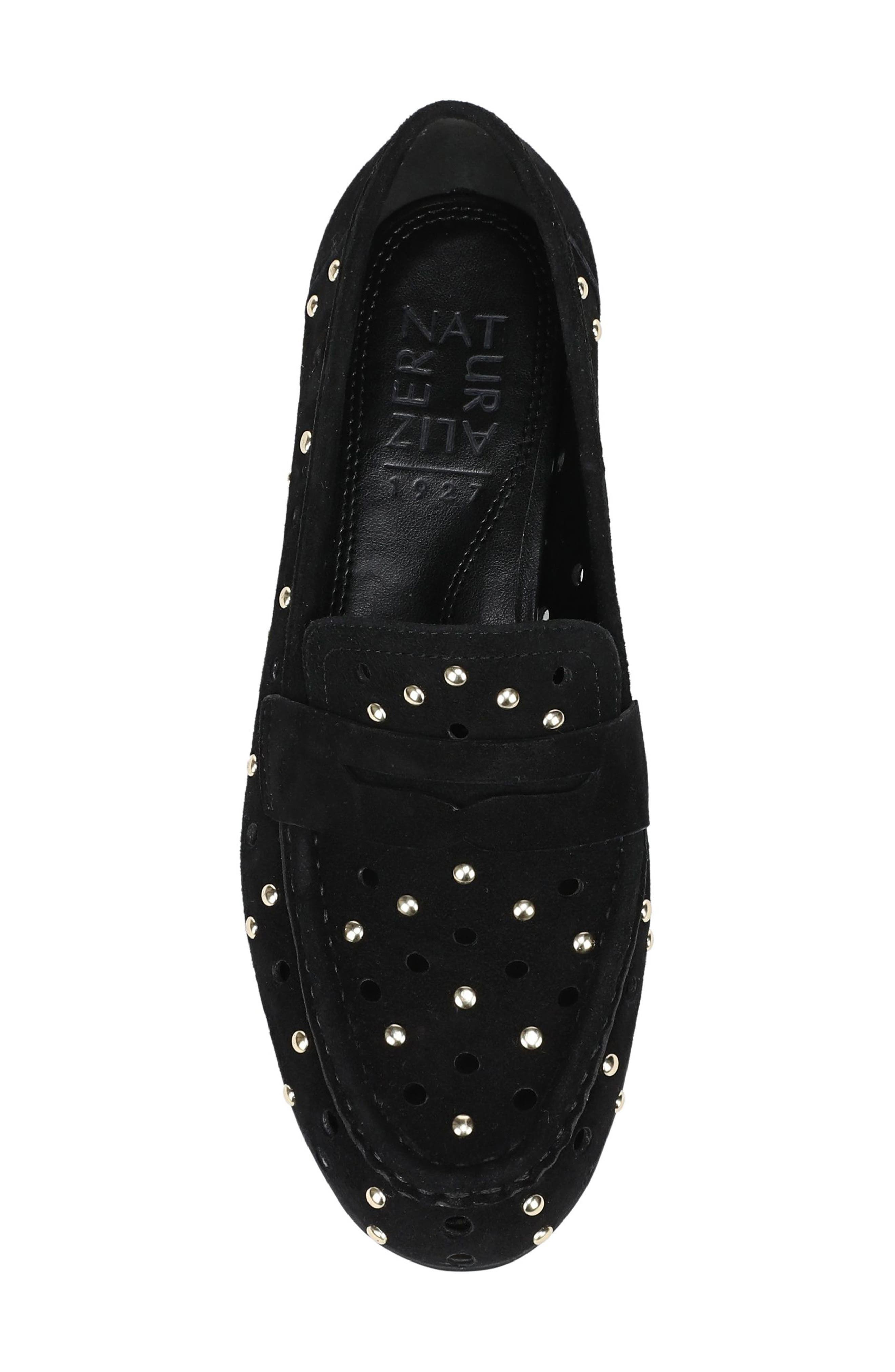 Bloom Stud Penny Loafer, Alternate, color, BLACK SUEDE