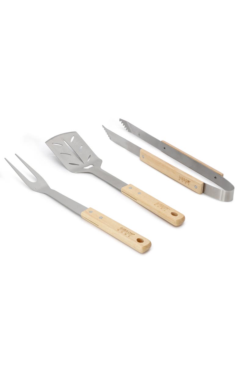 Gibson Home Barbecue Plus 3 Piece Barbecue Tool Set with Rubberwood Handles, Alternate, color, Brown