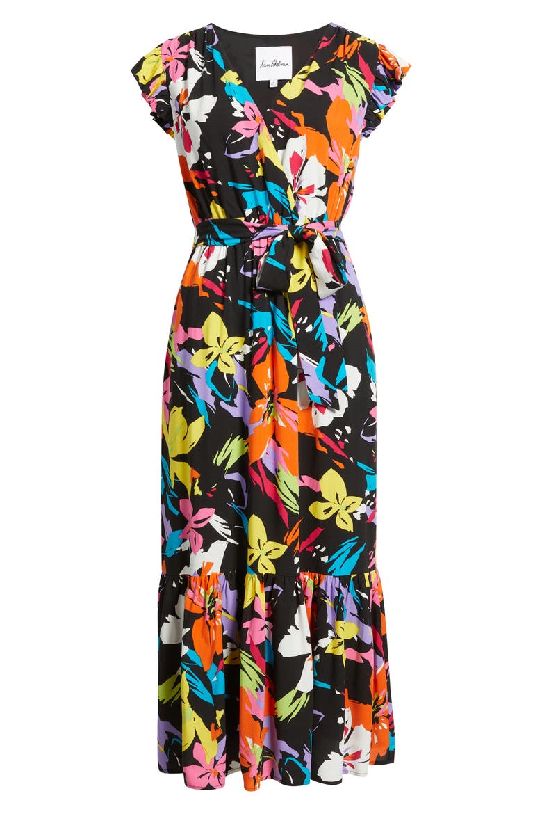 Bright Flower Tie Waist Maxi Dress, Alternate, color, BLACK MULTI