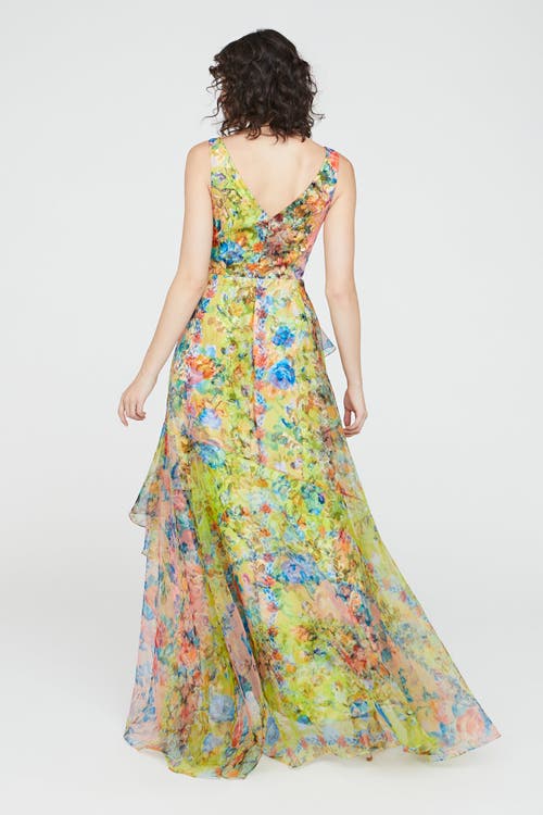 Theia Mindy Organza V-neck Gown In Heritage Patchwork Floral In Multi