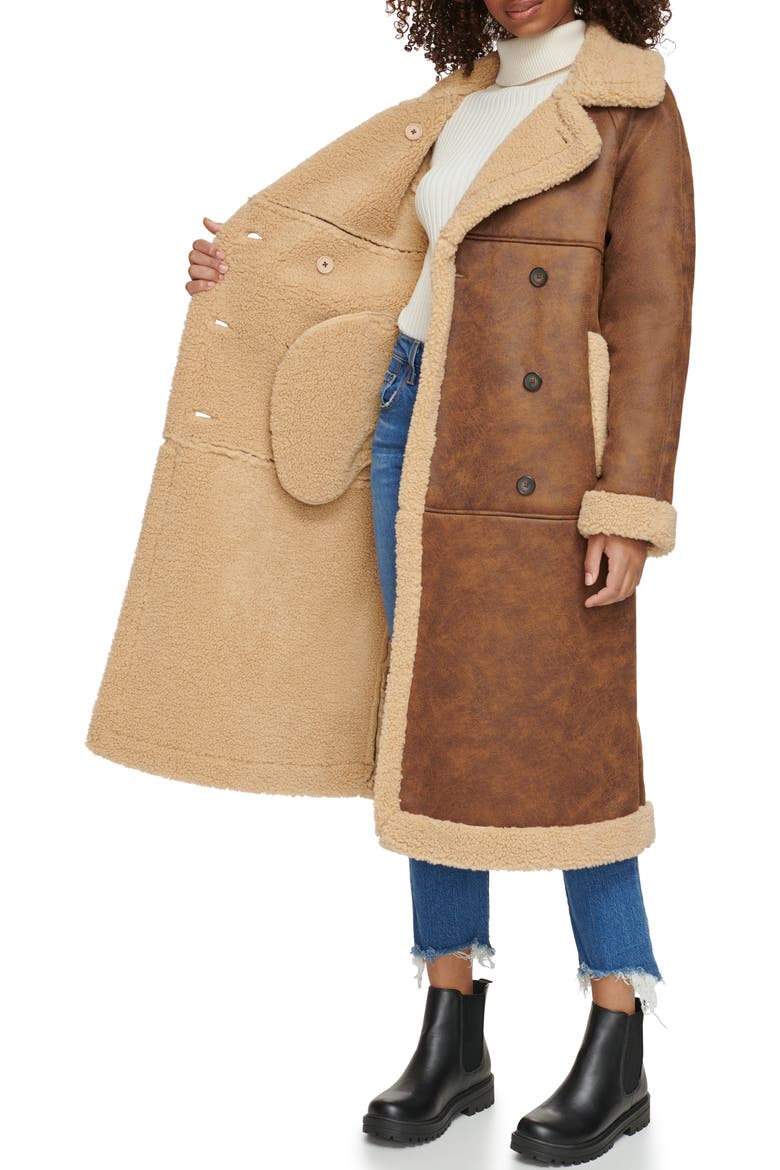 Notch Collar Faux Shearling Coat, Alternate, color, BROWN/ SESAME