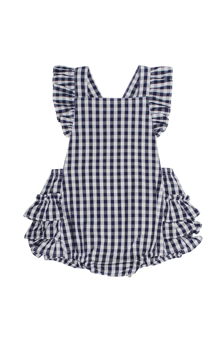 RuffleButts Flutter Overall Romper, Main, color, Classic Dark Navy Gingham