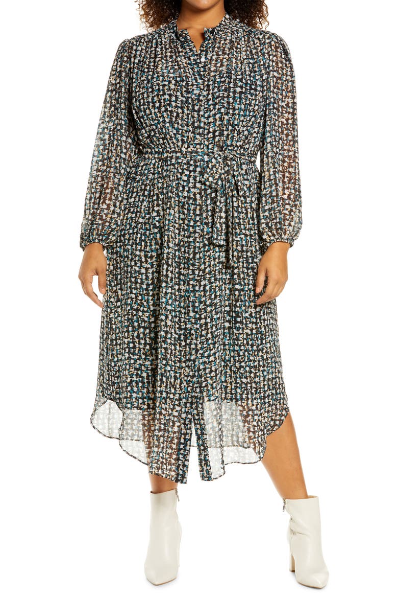 Abstract Print Long Sleeve Shirtdress, Main, color, BLACK/ SEA BLUE