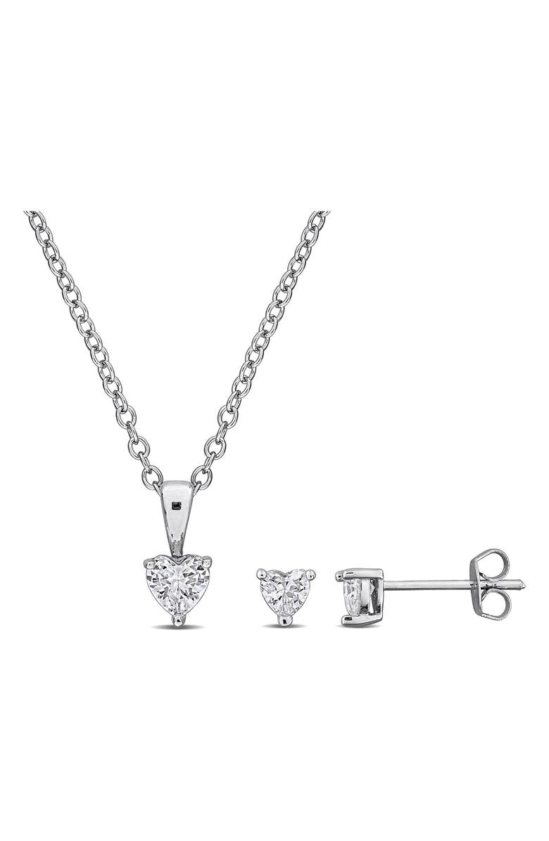 DELMAR Heart Cut Cubic Zirconia Earrings & Necklace Set, Main, color, Silver