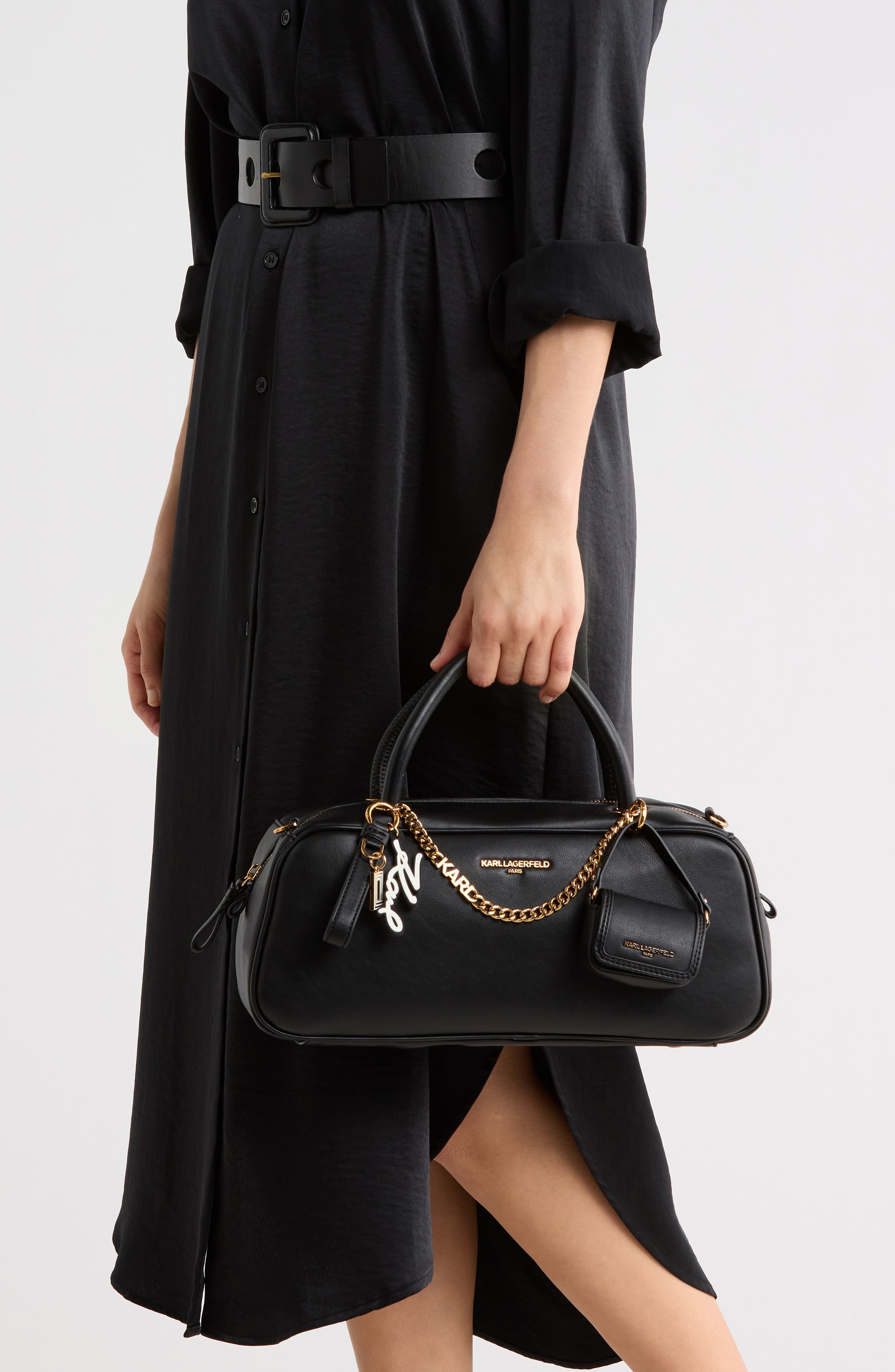 KARL LAGERFELD PARIS Zaylia Satchel Bag, Alternate, color, Black/ Gold