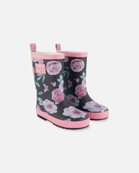 Girl's Printed Rain Boots Pink, Black, And Flowers