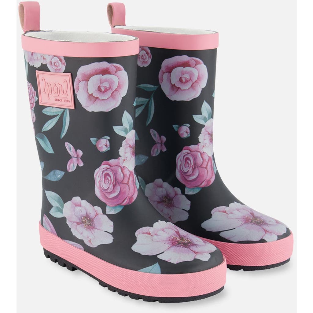 DEUX PAR DEUX DEUX PAR DEUX GIRL'S PRINTED RAIN BOOTS PINK, BLACK, AND FLOWERS