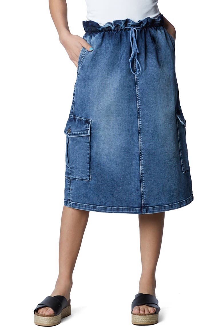 Paperbag Denim Midi Skirt, Main, color, WASHED DENIM DK.