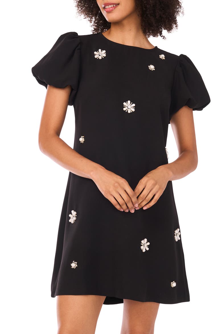 Embellished Puff Sleeve Sheath Dress, Alternate, color, RICH BLACK