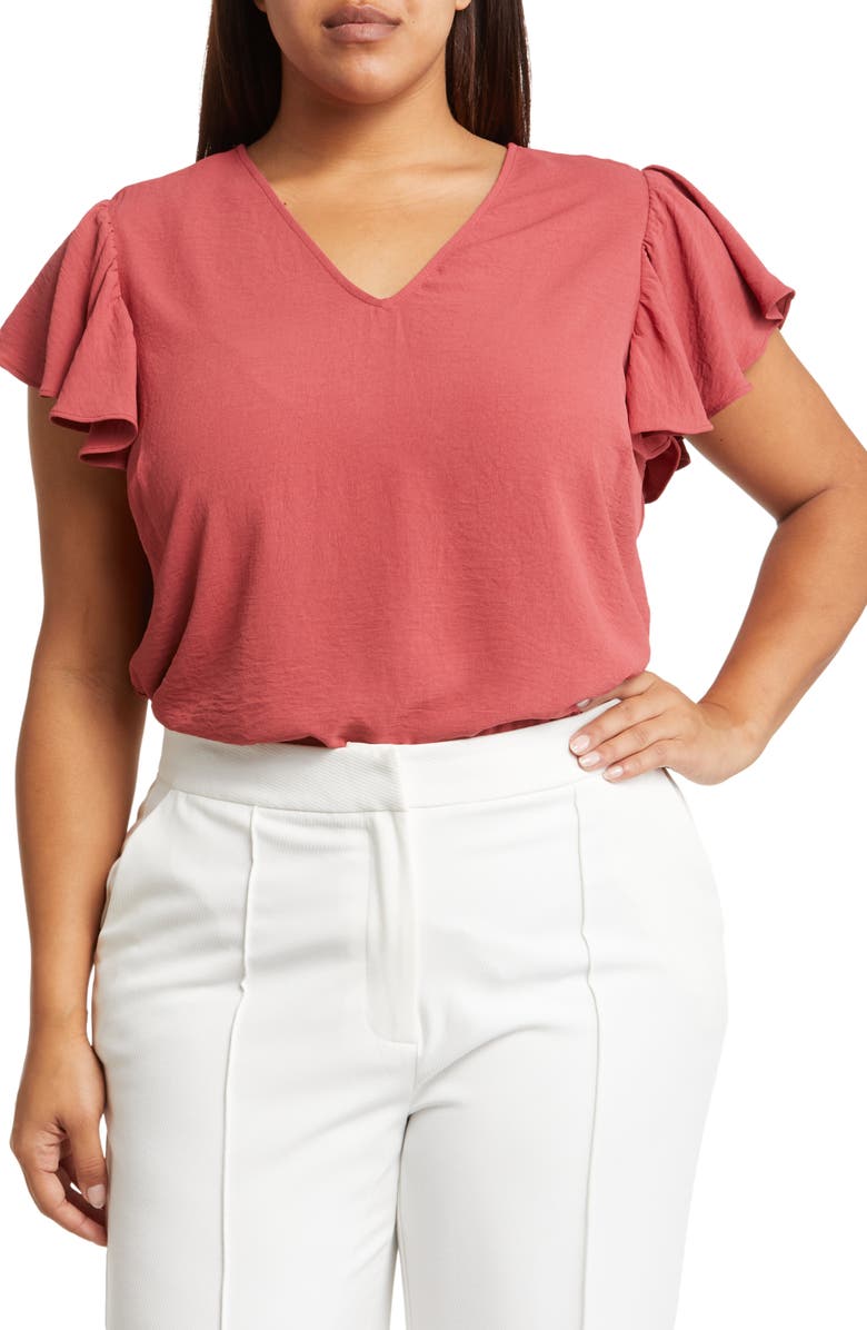 Adrianna Papell Flutter Sleeve V-Neck Blouse, Main, color, Rose
