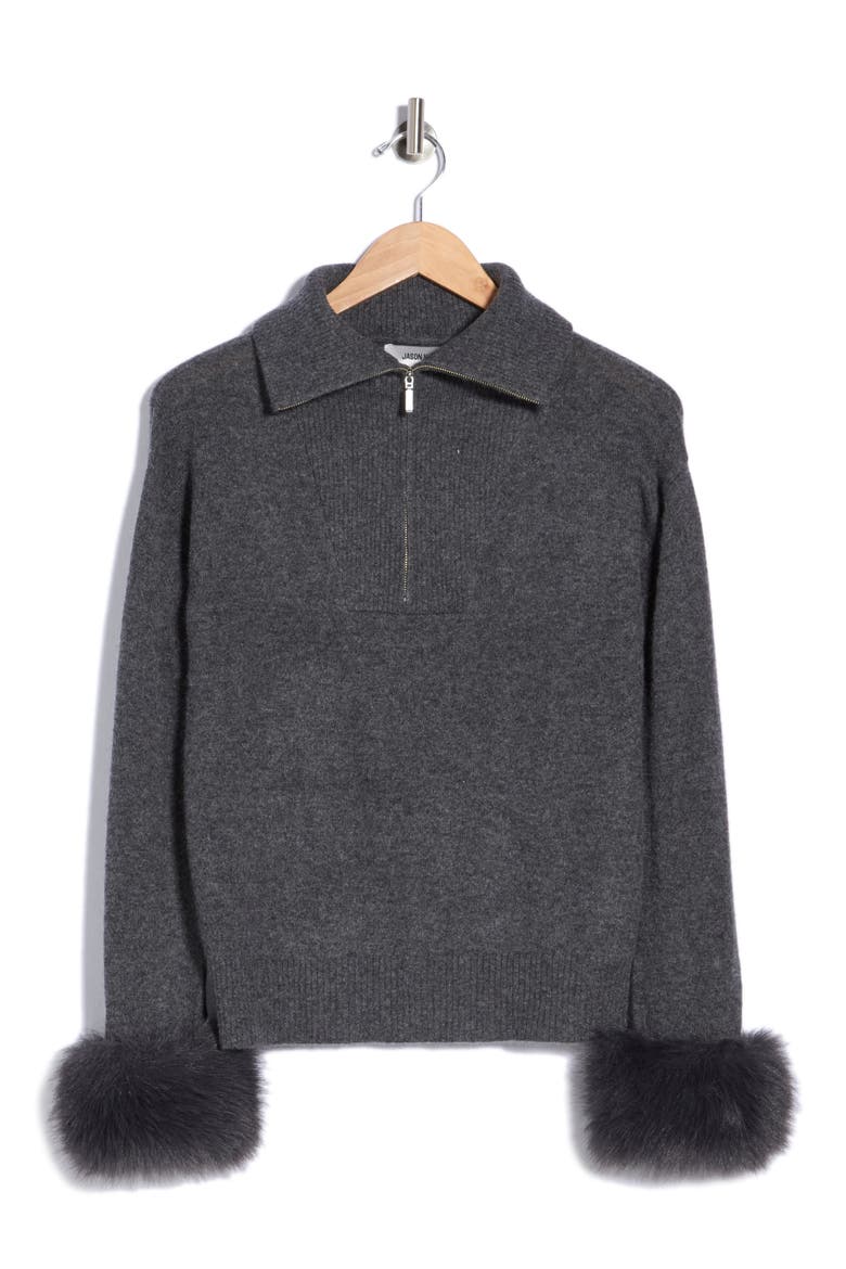Faux Fur Trim Cashmere Half Zip Sweater, Main, color, CHALKBOARD HEATHER