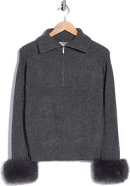 JASON WU Faux Fur Trim Cashmere Half Zip Sweater