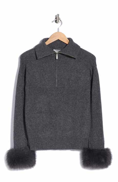 Faux Fur Trim Cashmere Half Zip Sweater