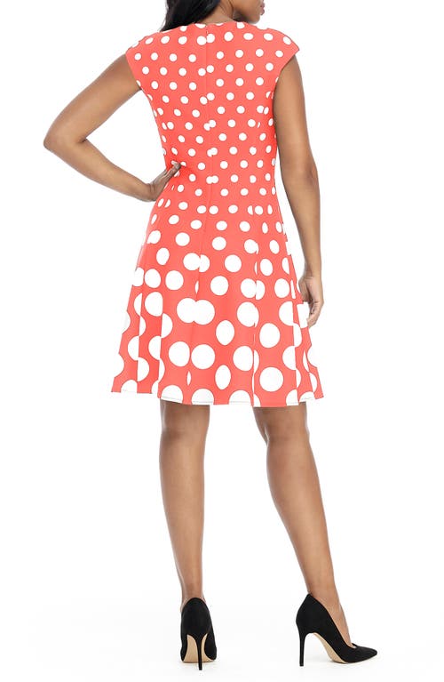 London Times Dot Fit & Flare Dress In Coral White