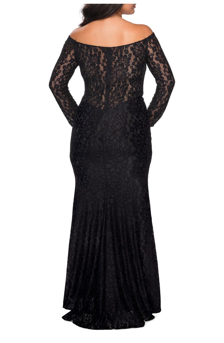 La Femme Lace Off The Shoulder Long Sleeve Plus Dress with Stones, Alternate, color, Black