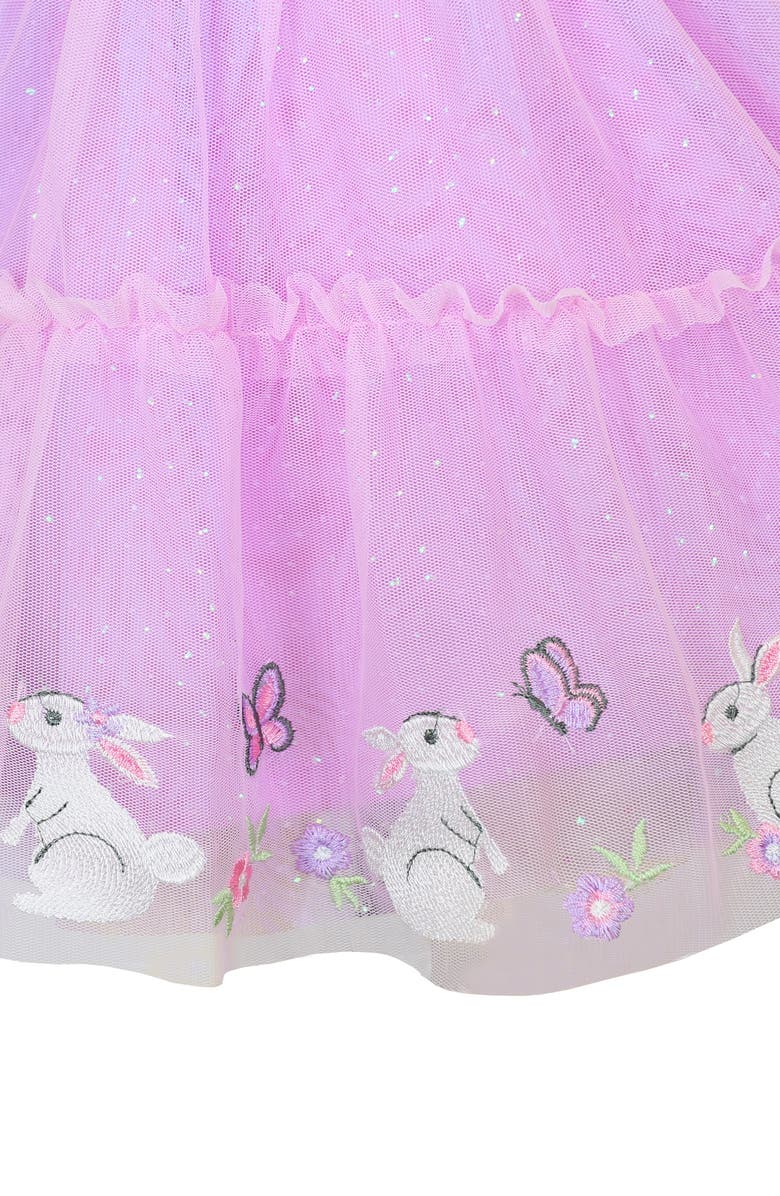 Zunie Kids' Bunny Border Embroidered Flutter Sleeve Mesh Party Dress, Alternate, color, Orchid