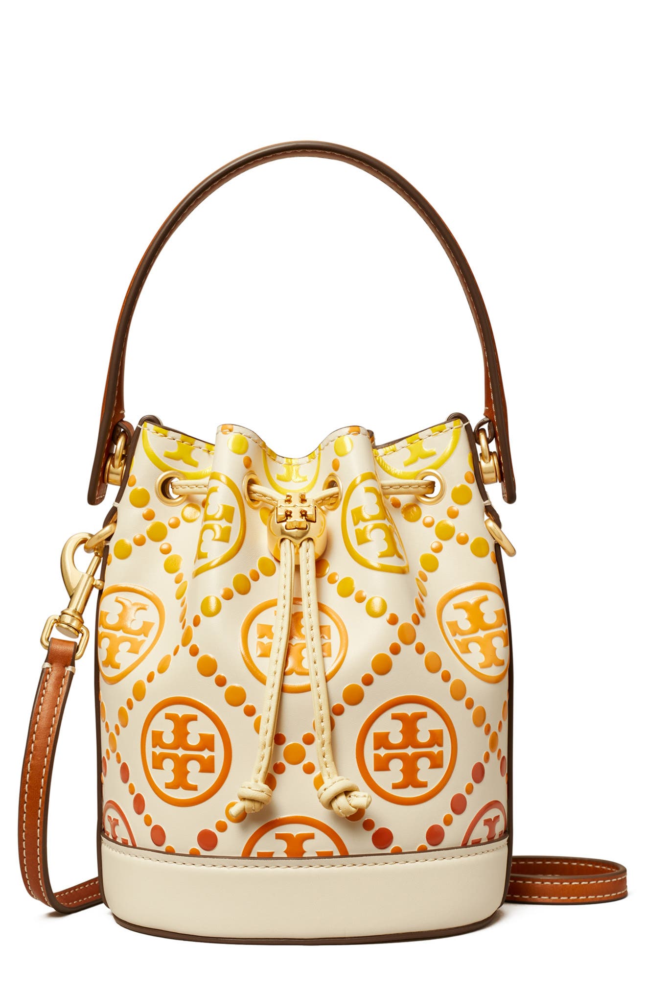 Tory Burch Mini T Monogram Embossed Leather Bucket Bag, Main, color, 