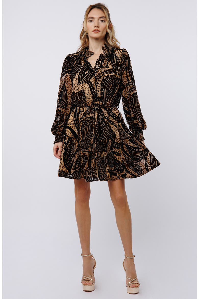 Caren Metallic Abstract Print Long Sleeve Dress, Alternate, color, BLACK