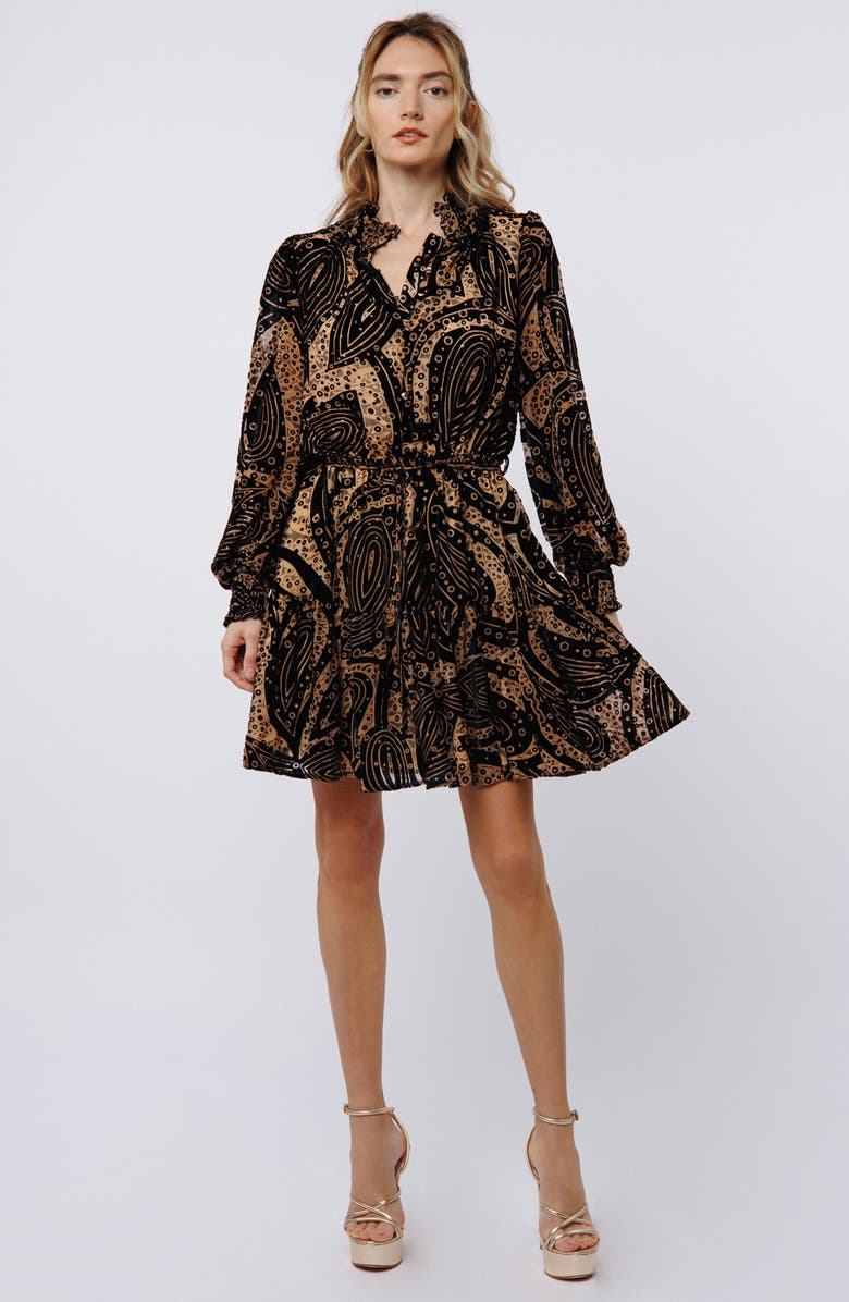 CIEBON Caren Metallic Abstract Print Long Sleeve Dress, Alternate, color, Black