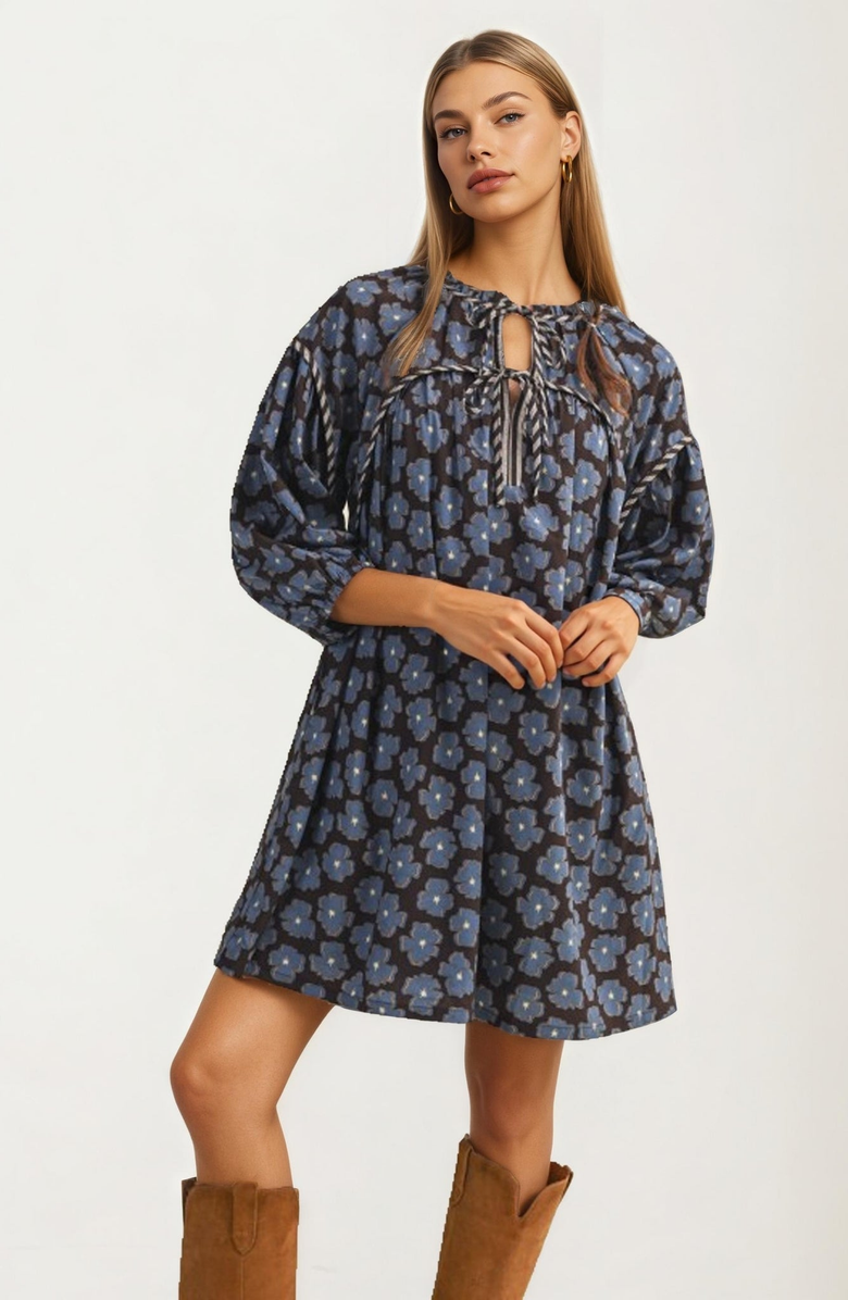 Knit and Lounge Floral Tie Neck Mini Dress With Long Sleeves, Alternate, color, Blue Floral