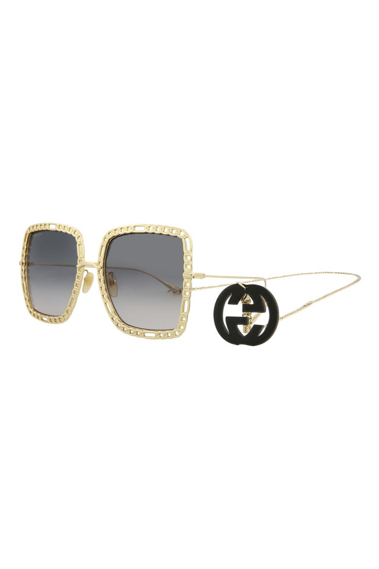 57mm Square Sunglasses with Chain, Alternate, color, GOLD GOLD GREY