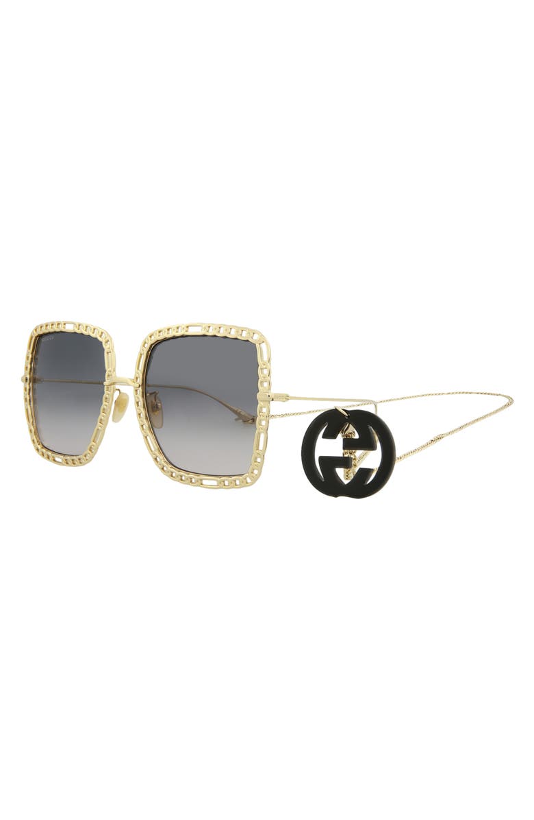 Gucci 57mm Square Sunglasses with Chain, Alternate, color, Gold Gold Grey