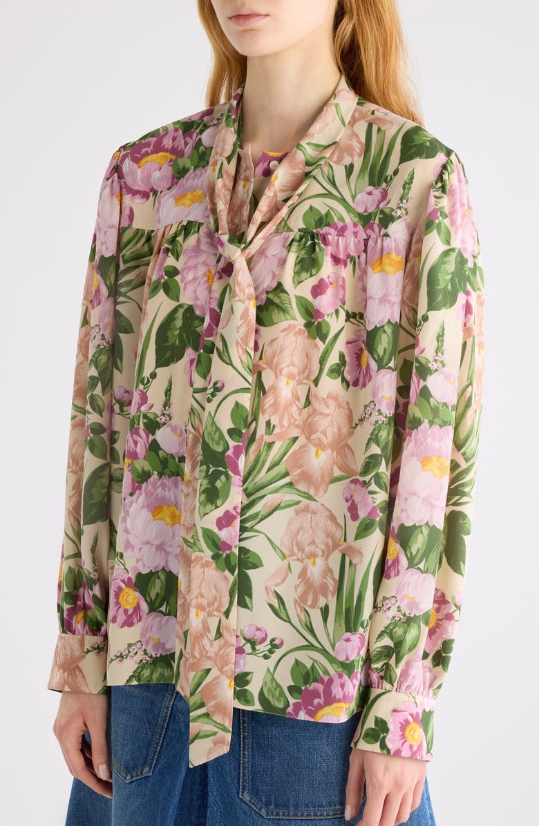 Chloé Floral Print Silk Charmeuse Top, Alternate, color, Macadamia Brown