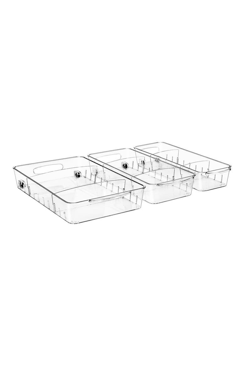 Set of 3 Flat Clear Organizing Wheeled Bins, Main, color, CLEAR