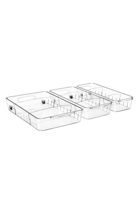 Set of 3 Flat Clear Organizing Wheeled Bins