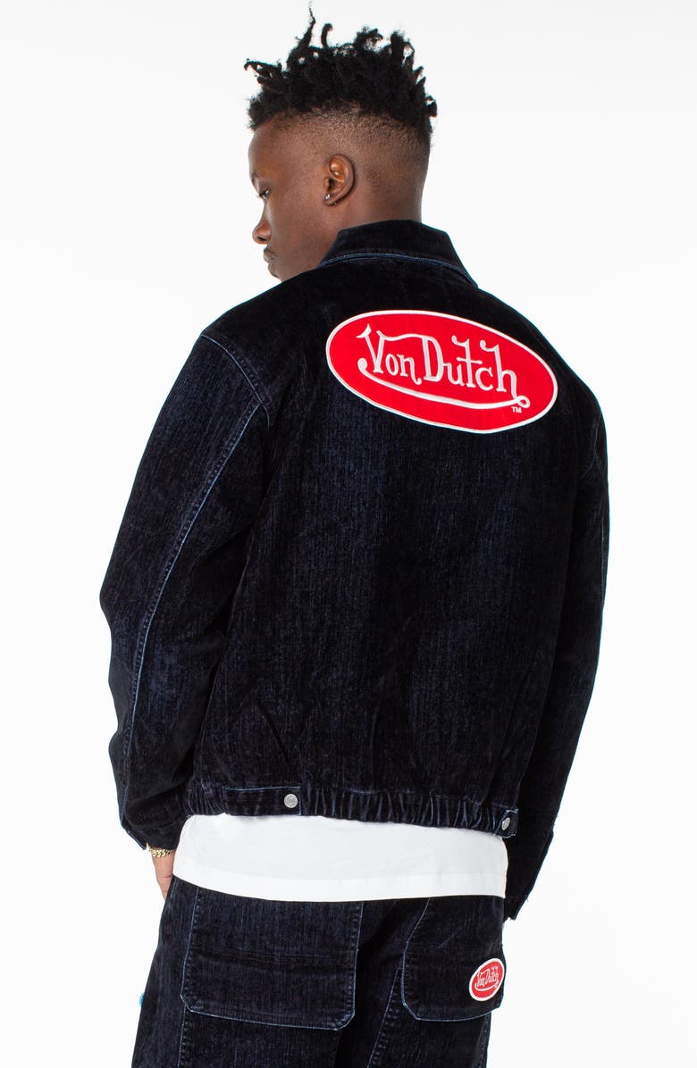 Von Dutch Pagans Flocked Bomber Denim Jacket, Alternate, color, Storm Surge