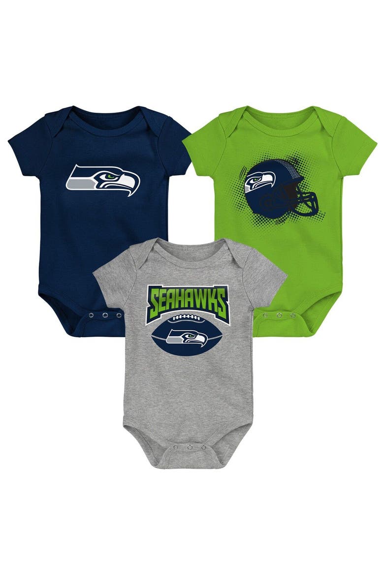 Infant College Navy/Neon Green/Heathered Gray Seattle Seahawks 3-Pack Game On Bodysuit Set, Main, color, Navy