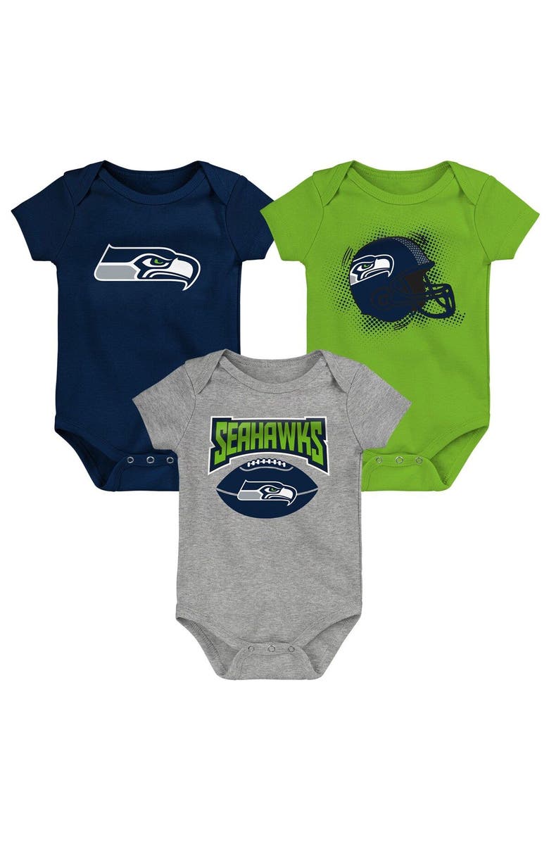 Outerstuff Infant College Navy/Neon Green/Heathered Gray Seattle Seahawks 3-Pack Game On Bodysuit Set, Main, color, 