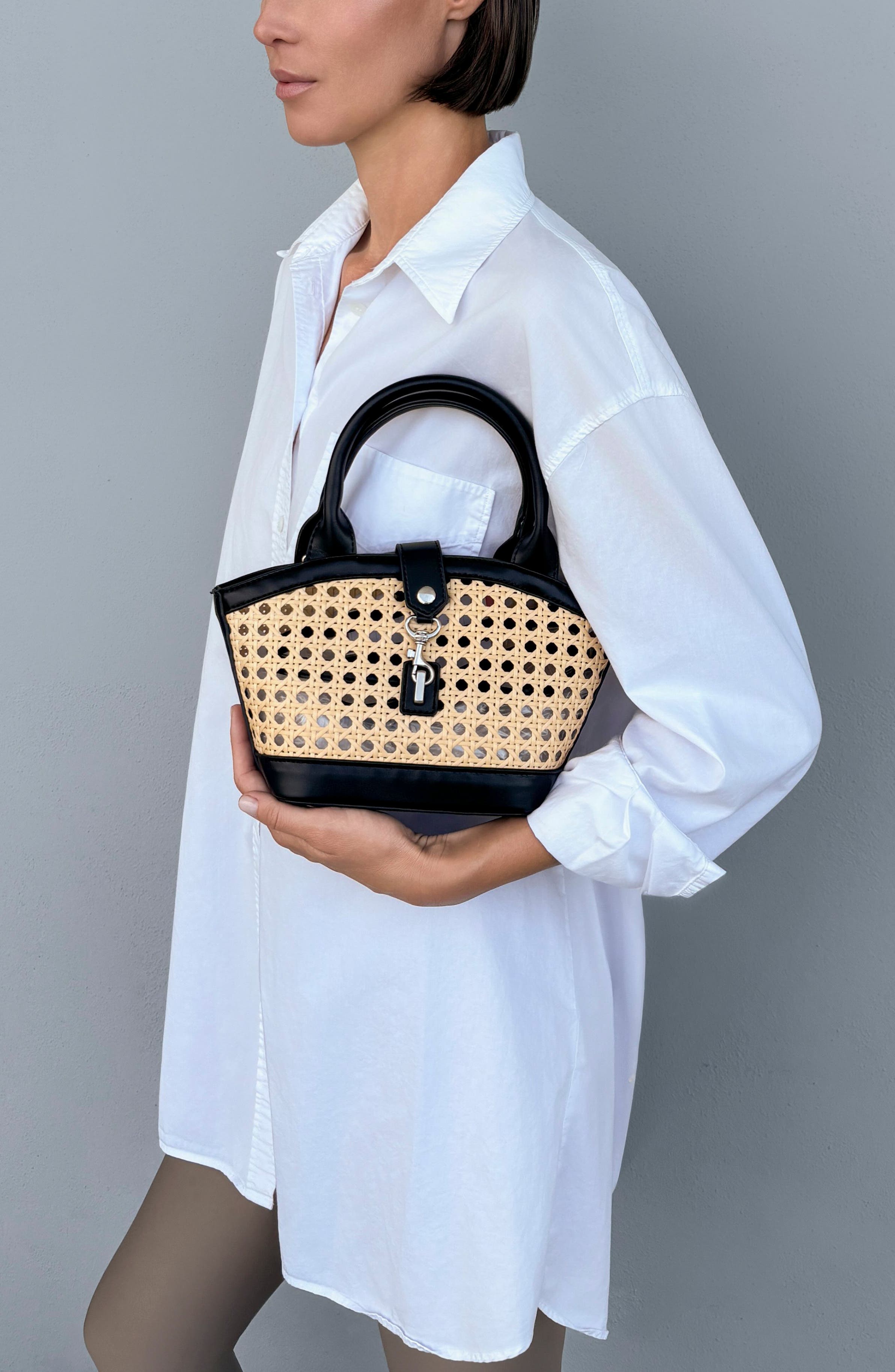 Kane Rattan Shoulder Bag, Alternate, color, BLACK/ TAN