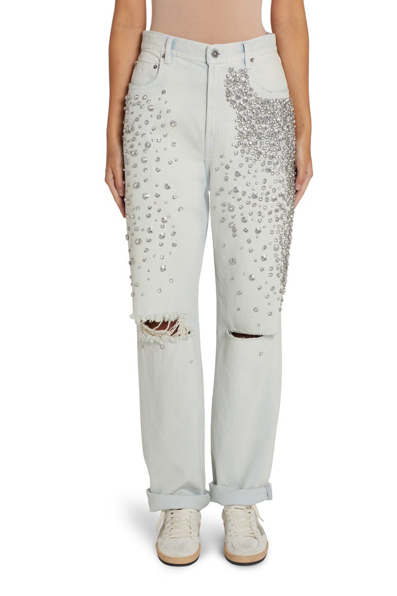 Kim Crystal Embellished Distressed Jeans, Main, color, BLUE