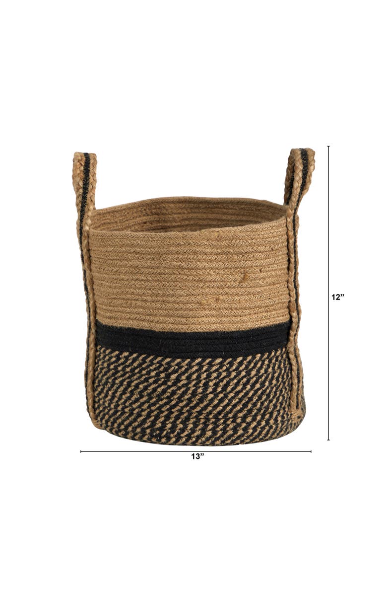 NEARLY NATURAL 13-in Boho Chic Basket Natural Jute Basket Planter, Black Bottom Natural Top with Handles, Alternate, color, Beige/Black