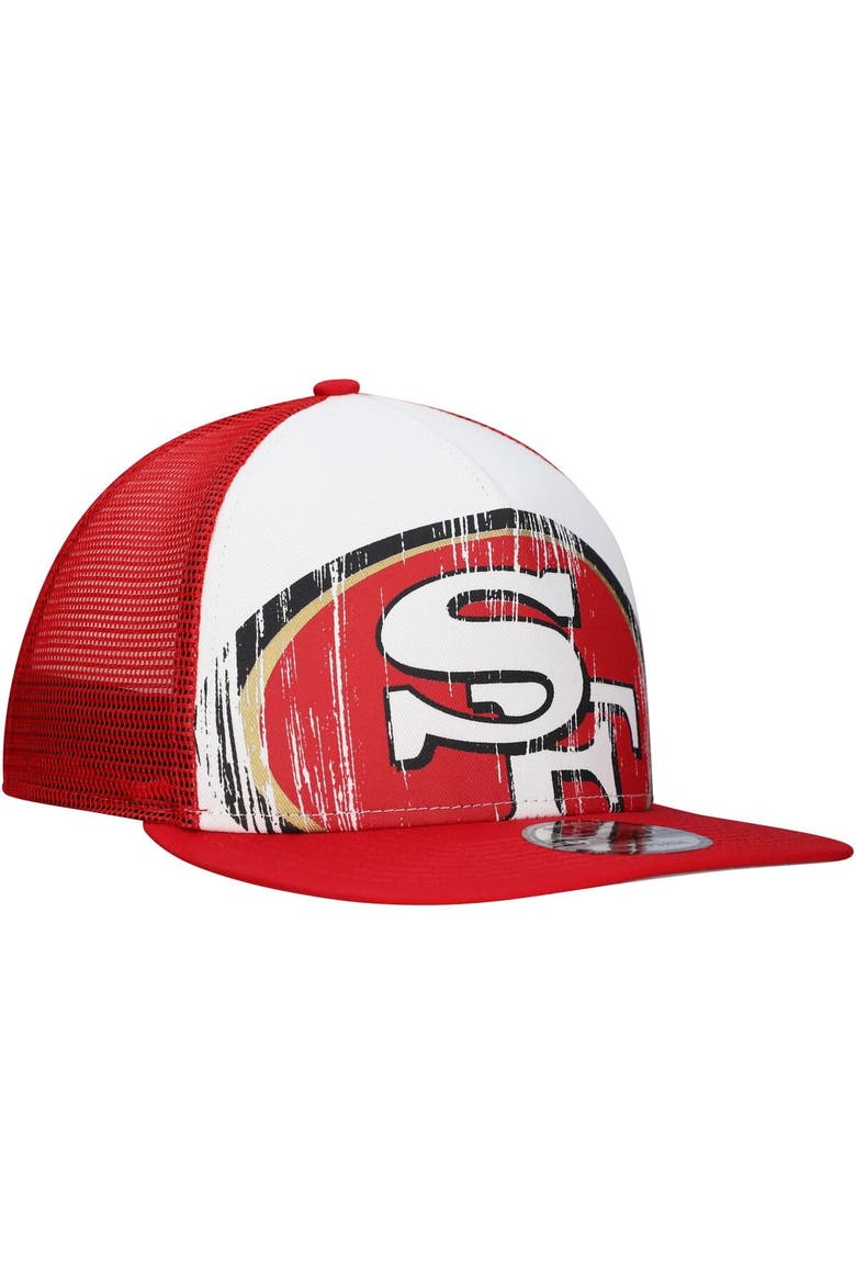 Men's New Era White/Scarlet San Francisco 49ers Distressed 9FIFTY A-Frame Snapback Hat, Alternate, color, White