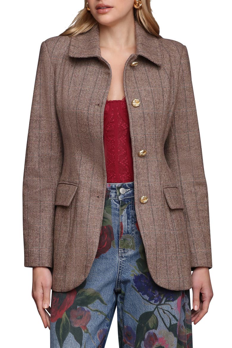 Herringbone Hourglass Blazer, Main, color, BROWN HERRINGBONE